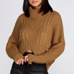 Cloud Ten Caramel Beige Turtleneck Ribbed Cropped Cable Knit Sweater